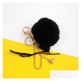 Keychains Lanyards 2021 Lovely Eiffel Tower Natural Fur Pompom Furry Ball Keychain For Women Key Chains Bag Imititated Pearl Pende Otd2S