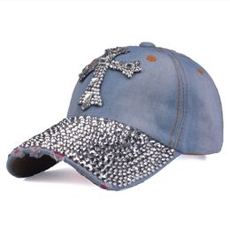 Designer Washed Denim Baseball Caps Adults Mens Womens Rhinestone Sun Hat Summer Skull Bling Adjustable Strapback