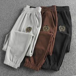 Men's Pants Autumn American Retro Terry Knitted Embroidery Sweatpants Simple Elastic Waist Drawstring Sport Casual Youth Loose