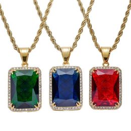 Men Women Hip Hop Gemstone Pendant Necklace Popular Red Blue Green Gem Jewellery High Quality Stainless Steel IP Gold Plated Accesso302x