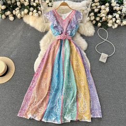 Casual Dresses Colorful Striped Floral Dress V-neck Sleeveless Ruffled Large Swing Long Summer Women Boho Leisure Vacation Beach Vestidos