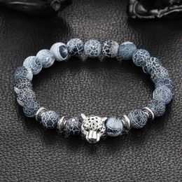 Whole-Whole Antique Silver Plated Buddha Leopard head Bracelet Lava Natural Stone Beaded Bracelets For Men Women Pulseras 316B