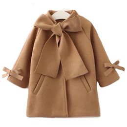 Coat Brand Fashion Infant Kid Baby Girl Woollen Overcoat Winter Wool Coat Bow Long Sleeve Brown Slim Warm Outwear Jacket 2-8T 231007