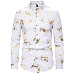 Whole-Men's Mandarin Collar Dress Shirts Hipster Gold Elk Foil Print Christmas Shirt Men Slim Fit Long Sleeve Tuxedo Shir199x