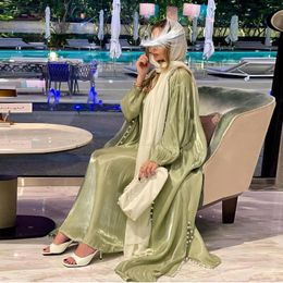 Ethnic Clothing Muslim Abaya Sets 2 Pieces Dress Shiny Silk Cardigan Kimono Long Robe Gowns Jubah Middle East Ramadan Eid Mubarak Arab