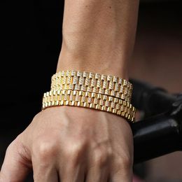 Hip Hop CZ Stone Paved Bling Iced Out Watch Band Link Chain Bracelets Bangle for Men Rapper Jewellery Drop Gold2375
