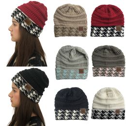 7 Colours With Logo Fashion Plover Pattern Colour Block Knitted Hat Warm Woollen Elastic Jumper Hat Outdoor Winter Warm Knitted Hat For Women