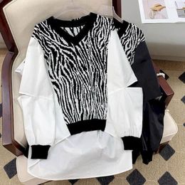 Women's Blouses Shirts For Women Striped Knitted Patchwork Casual Long Sleeved Tops Loose Fit Korean Fashion High Street V-neck