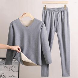 Men's Thermal Underwear Slim-fitting Suit Tops Pants Set Double Sided Suede V-neck Slim Fit Long Sleeve For Comfort