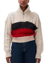 Women's Sweaters Contrast Colour Twisted Turtleneck Sweater Autumn 2023 Ladies Long Sleeve Half Zipper Knit Pullover Tops