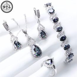 Natural Rainbow Jewellery Sets 925 Sterling Silver Stones Wedding Earrings For Women Bracelet Necklace Rings Set Gifts Box 220818242i