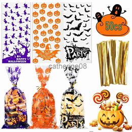 Gift Wrap 50Pcs Halloween Treat Bags with Twist Ties Candy Pocket Goodies Snacks Lollipop Cookie Packaging Bag Seal Pouch Party Supplies x1007