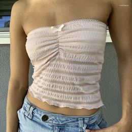 Women's Tanks Y2K Fairy Coquette Pink Crop Tops Summer Holiday Elastic Ruched Bandeau Tube Cute Bow Strapless Camis Women Backless Vest