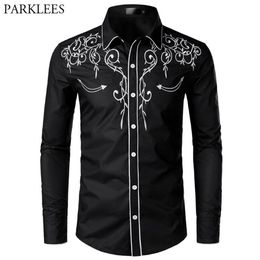 Stylish Western Cowboy Shirt Men Brand Design Embroidery Slim Fit Casual Long Sleeve Shirts Mens Wedding Party Shirt for Male 21041856