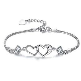 Double Heart Twine Charms Bracelet White Crystal Bracelets & Bangles For Women Silver color plated Jewelry Bileklik Pulseira210S