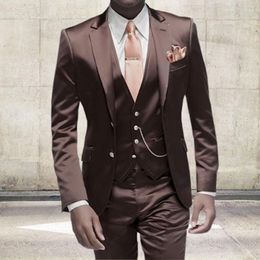 Men's Suits 2023 Brand Elegant Shiny Brown Suit 3 Pieces Slim Fit Groomsmen Groom Wedding Tuxedo Colorful Blazer Waistcoat Pants Set