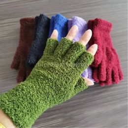 Winter Gloves Fashion Half Finger Coral Fleece Warm Gloves Long Wrist Knitted Fingerless Gloves Women Men Cycling Mittens