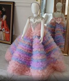 Girl Dresses Colourful Ball Gown Girls Pageant Shiny Beading Crystals Big Bow Princess Party Dress Communion Prom Gowns
