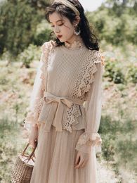 Casual Dresses Pastoral Style French Vintage Mesh High Waist Romantic Dress & Knitted Lace Hollowed Vest 2 Piece Set Meaching Suit