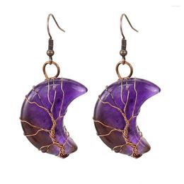 Dangle Earrings Copper Plated Wire Wrap Crescent Moon Amethysts Stone For Women Tree Of Life Jewellery