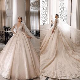 Elegante Brautkleider mit V-Ausschnitt und Ballkleid, luxuriöse, mit Perlen besetzte, langärmlige Kleider mit Spitze, nach Maß