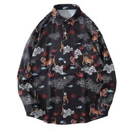 Hip Hop Mens 2021 Casual Button Tropical Blouse Shirt Tops Funny Tiger Print Long Sleeve Hawaiian Beach Shirts Harajuku Men's2917