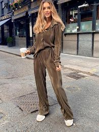 Women's Two Piece Pants 2 Pieces Set Casual Loose Shirts And Woman Elegant Brown High Waist Pant Suits Fashion Pleated Home Wide Trouser