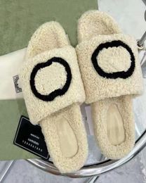 Designer Women Print Lambswool Slipper Italy Brand Fur Woollen Plush Slides Lambskin Sandals Flat Heel Slippers Home Loafers Sand