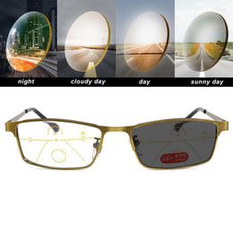 Sunglasses Pochromic Reading Glasses Men Progressive Multifocal CR-39 Near Far Anti-Blue Light Presbyopic Metal Frame