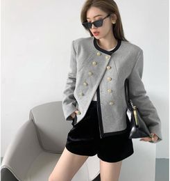 Women's Jackets Fashion Autumn Gray Color Double Breasted Woolen Asymmetric Jacket Coat SMLXL