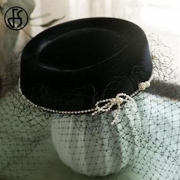 Stingy Brim Hats FS Black Hat With Veil Pillbox Weddings Fascinator Elegant Pearl French Beret Mesh Women Fedora Cocktail Party216q