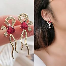 Gorgeous Red Heart CZ Gold Colour Earrings Women For Wedding Engagement Piercing Accessories Bow Earrings Fashion Jewellery