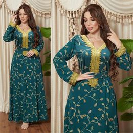 Ethnic Clothing Autumn Luxury Embroidery Sequins Abaya For Women Fashion Print V-neck Flare Sleeves Loose Muslim Robe Dress