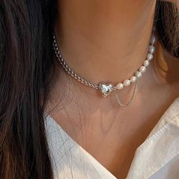 Gothic Baroque Pearl Heart Pendant Choker Necklace For Women Wedding Punk Bead Lariat Gold Color Long Chain Chains212f