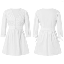 Party Dresses Puloru Elegant Fashion White Shirts Dress Vintage Tie-up Half Puff Sleeve V Neck Button Down A-line Women's Vestidos
