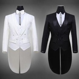 Jacket Pants Belt Male Wedding Groom Swallowtail Suit Prom Black White Tuxedo Formal Dress Costumes Three Piece Set Men Suits Sing268P