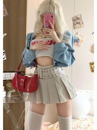 Work Dresses 2023 Summer Blue Cardigan Y2k Crop Vest Denim Mini Skrits Female Korean Fashion Suits Casual Retro Bodycon 3 Piece Dress Set