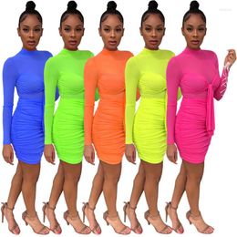 Casual Dresses 2023 Elegant Sexy Bodycon Party Women Long Sleeve Solid Hollow Out Ruched Autumn Sheath Mini Dress Vestidos Robe Femme
