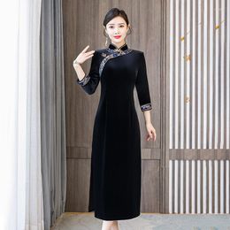 Casual Dresses 2023 Fashion Qipao Style Dress Women's Autumn Versatile Stand Up Collar 3/4 Sleeve Loose Fit Leisure Wedding Vestidos