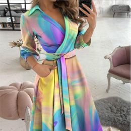 Party Dresses 2023 Autumn Womens Dress Tie Dyed Print Long Sleeve V-Neck Up Women's Fashion Casual Holiday Style Vestidos Para Mujer