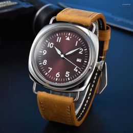 Wristwatches Vintage Men's Watch 45mm Stainless Steel Polished Case Leather Strap NH35A Automatic Movement Transparent Back