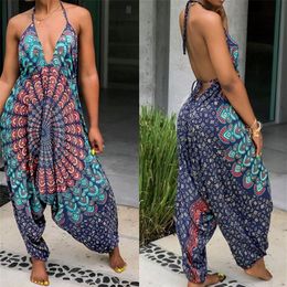 Helisopus Wide-leg Bohemian Jumpsuit Mandala Print Ladies Halter Low Crotch Casual Loose Jumpsuit Beach Casual Jumpsuit Women 2203330D