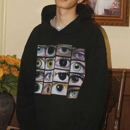 Women Hip Hop Streetwear Hooded Sweatshirt with Eyes Print Y2k Pullover Autumn Cotton Casual Hooded Black Sweat Shirt 230915