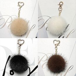 Keychains 2023 Luxury Real Fur Ball PomPom 9 Colours Genuine Mink Keychain Heart Shape Metal Key Ring Pendant Bag Charm Women F331