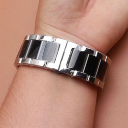 18mm 20mm 21mm 22mm 23 24mm Watchband Strap Bracelet with butterfly buckle Silver and black Colour polished stainless steel metal w166x