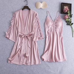 Women's Sleepwear Set Women 2PC Nightshirts V-Neck Pajamas Spring Wear Home Suit Negligee Robe Gown Bathrobe Silky Nightdress Homewear