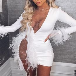Casual Dresses White Feather Mini Dress Mesh Inserted Embellished Party Sexy Women See Through Nightclub309j