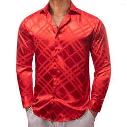 Men's Casual Shirts Luxury For Men Silk Satin Red Plaid Long Sleeve Slim Fit Male Blouses Trun Down Collar Tops Breathable Clothing
