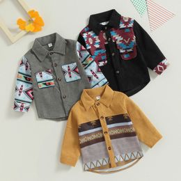 Jackets FOCUSNORM 0 4Y Autumn Toddler Boy Shirt Outwear Vintage Geometric Print Long Sleeve Single Breasted Corduroy Jacket 231007