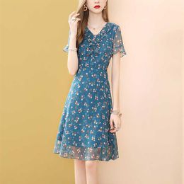 Sweet Summer Chiffon Dress For Women Causal A-Line Blue Print Casual Slim Knee Dresses Ruffle V-Neck Short Sleeve Vestidos 210603228A